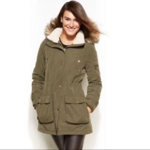 DKNY fur trimmed hooded coat olive green XS
